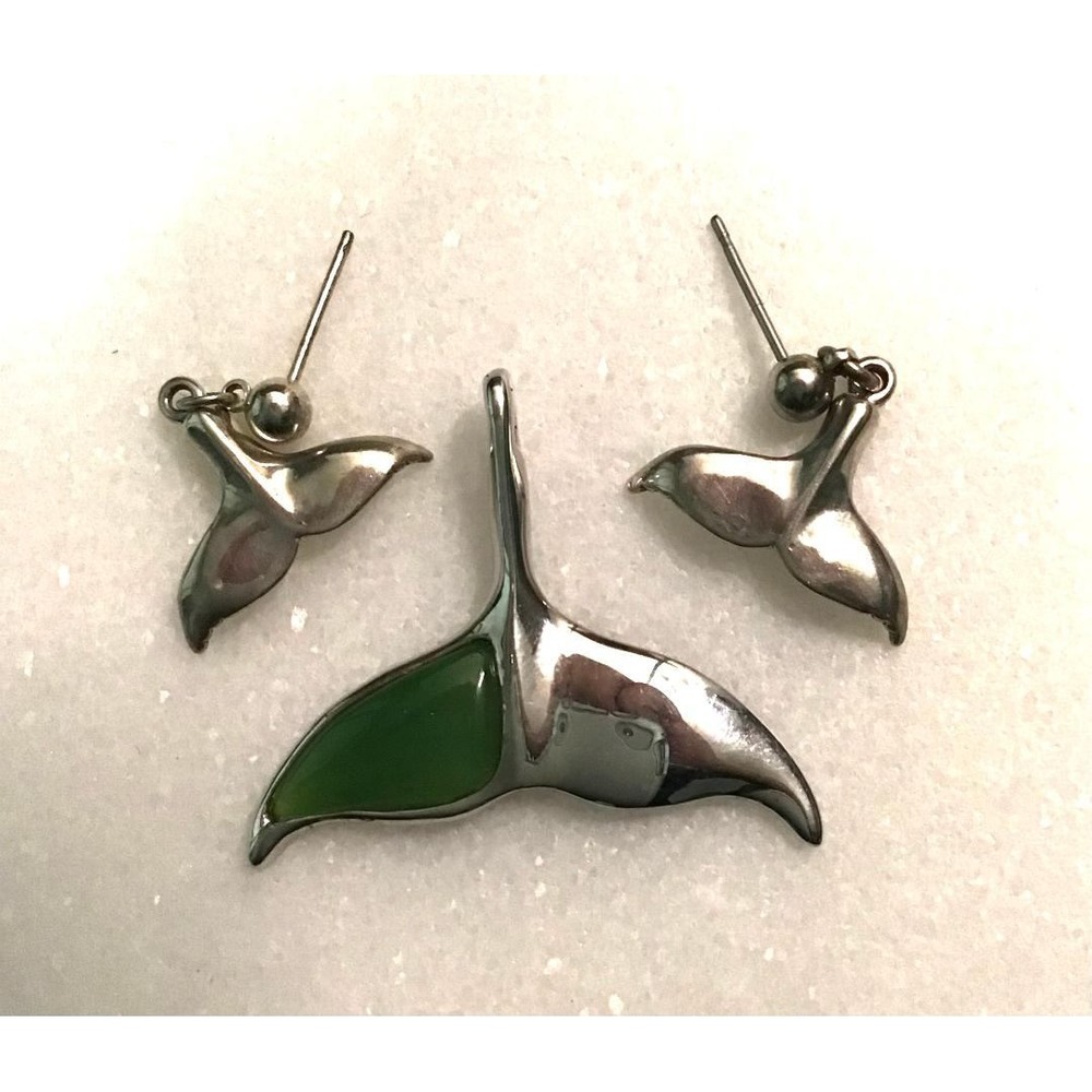 Whale Tail Jewelry Set Pendant and Earrings Sterling Silver Green Inlay Nautical
